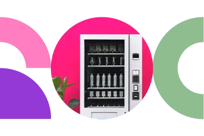 A Vending machine next to CCV brand design elements