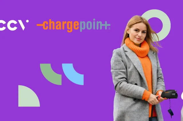 CCV and ChargePoint logo next to woman charging her EV